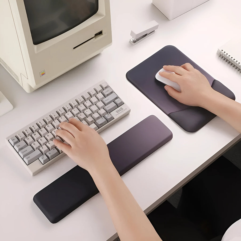Square cloth mouse pad with silicone gel wrist rest in black, blue, pink or purple patterns