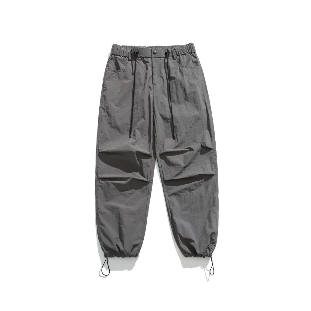 Men's thin ice silk nylon casual trousers in loose straight fit showing six colour options