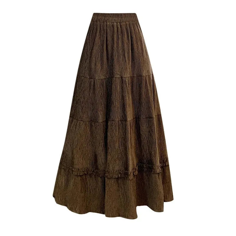 Women's solid colour corduroy A-line midi skirt with elastic waistband in milky white.