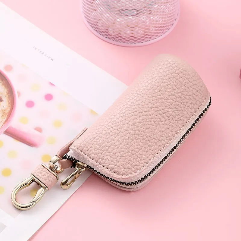 Minimalist black PU leather zipper key ring for car keys with waterproof protection