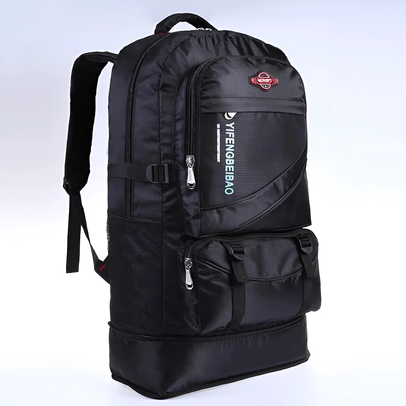Men's simple outdoor sports backpack in black, 56-75L nylon, breathable and waterproof, with folding design