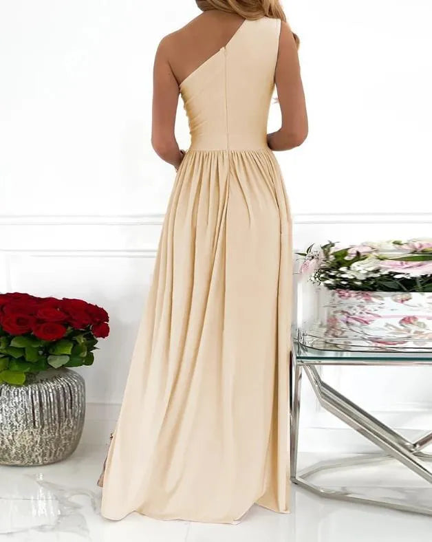 Women's one shoulder sleeveless maxi dress with high side split cutout in soft fabric.