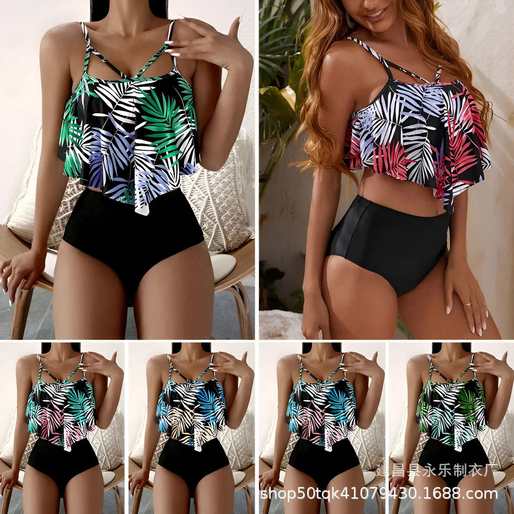 Women's high waist floral print bikini with flounced briefs for swimming.
