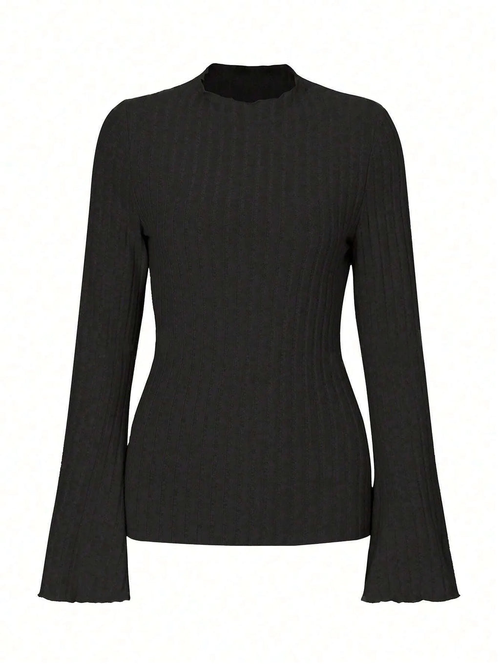 A black long sleeve round neck top with lantern sleeves and a slim fit, showcasing a brushed polyester fabric.