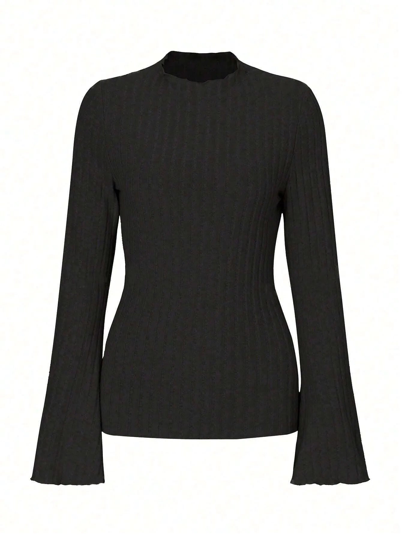 A black long sleeve round neck top with lantern sleeves and a slim fit, showcasing a brushed polyester fabric.