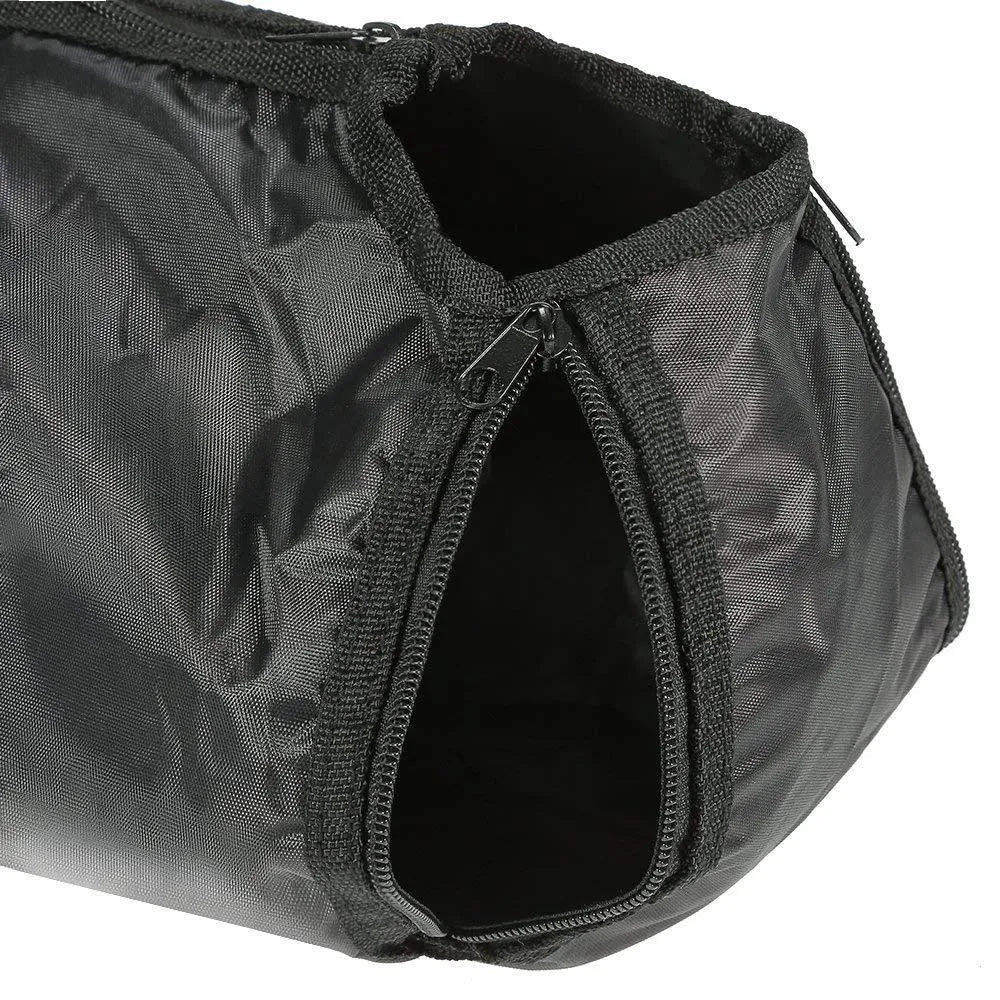 Black 420D Oxford fabric cat washing and medicine feeding bag, shown folded and unfolded.