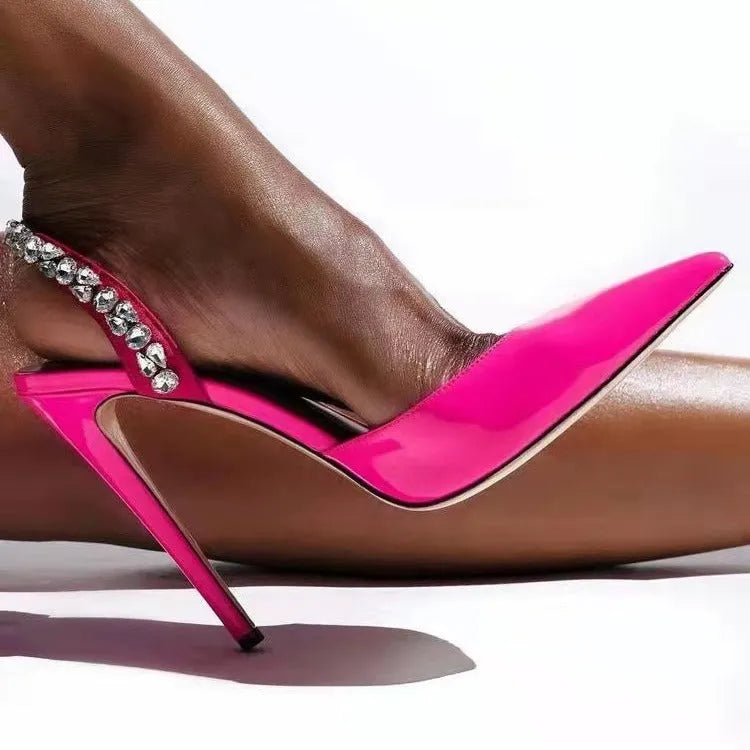 Women's pointed toe high heel sandals with rhinestone decoration on the side in patent leather