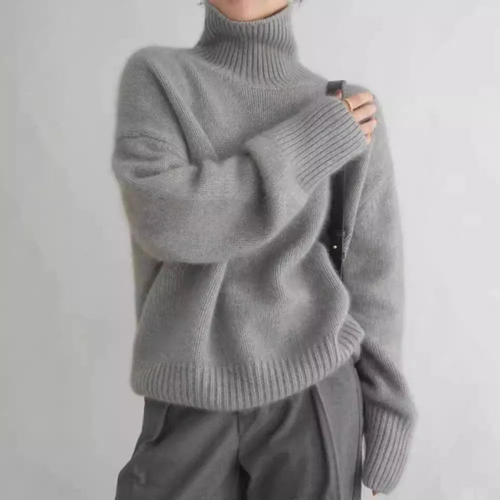 Women's loose high-neck solid-colour knit pullover sweater in apricot, long sleeves, free size