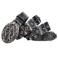 Men's black punk-style leather belt with silver rivets and an alloy buckle shown on a size chart.