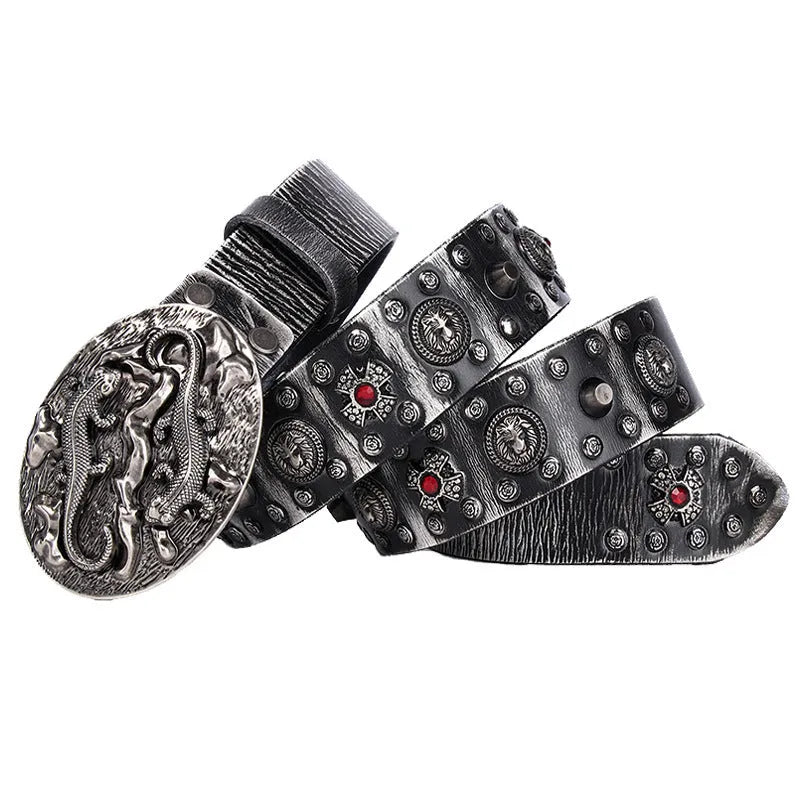 Men's black punk-style leather belt with silver rivets and an alloy buckle shown on a size chart.