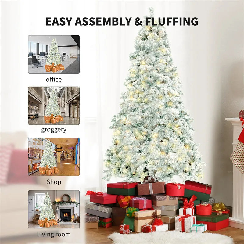 Green and white snow-covered artificial PVC Christmas tree with metal stand