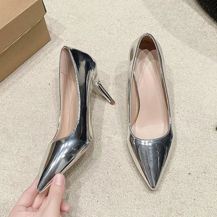 Women's pointed stiletto heel pumps in gold and silver, slip-on design, PU upper, 8cm or 10cm heel height