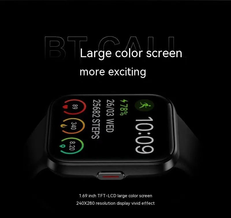 Voice call smart watch with touch screen showing health metrics in black, blue, green, or pink colour options