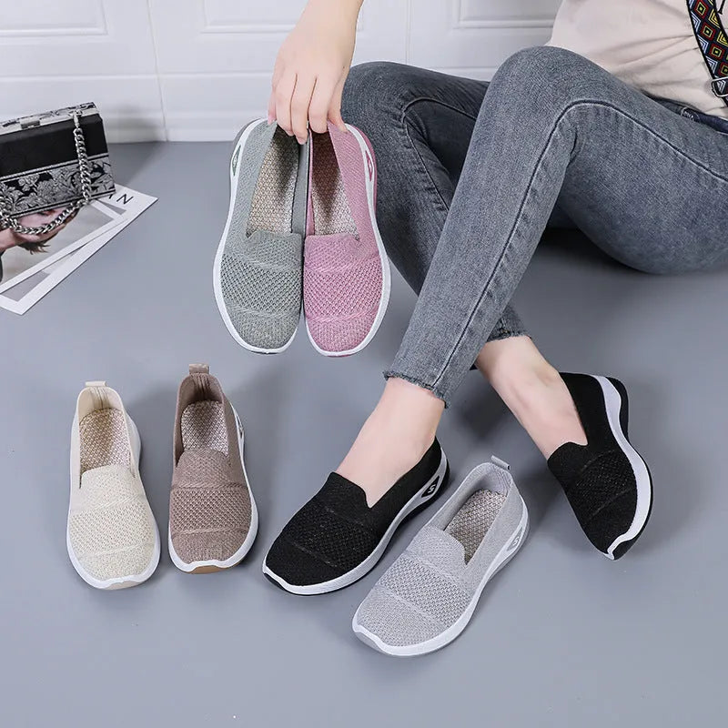 Ladies soft bottom Old Beijing cloth shoes with Flyknit upper, round toe, low heel, shallow mouth – beige colour option
