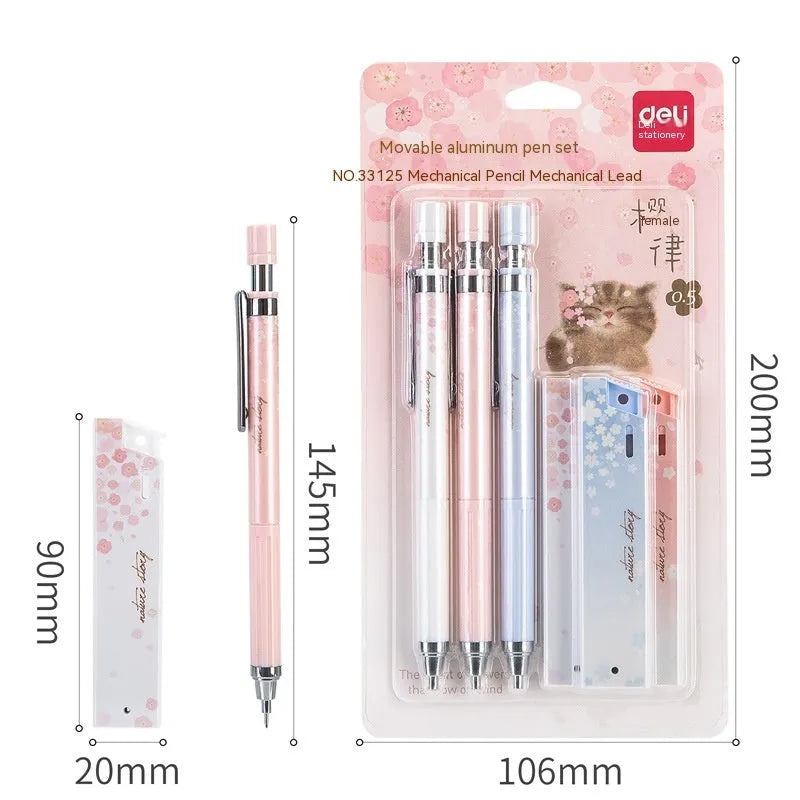 Cartoon style 0.5mm automatic pencil set with three pencils and three HB lead refill boxes.