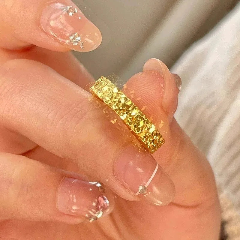Vietnam placer gold open ring for women, adjustable, yellow gold finish, geometric starry sky pattern, on forefinger