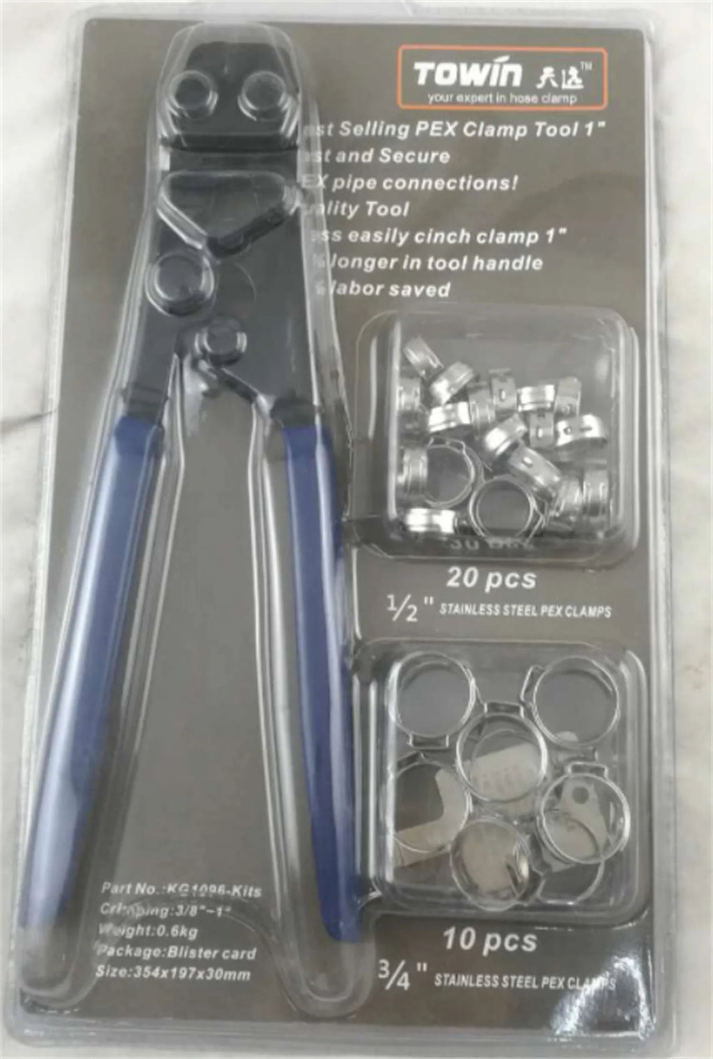 Red cloth-covered single ear PEX clamp with metal body and carbon steel cutting edge.