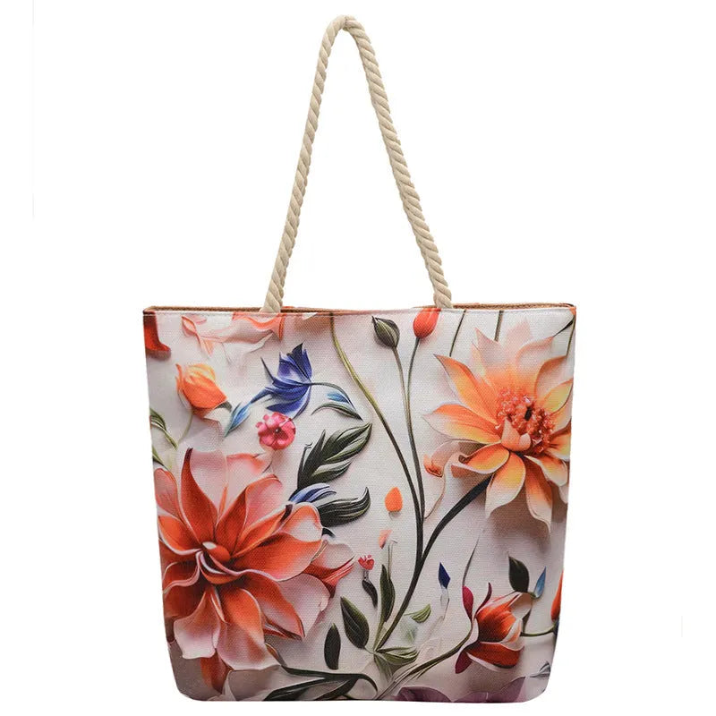A soft cotton and linen string shoulder handbag with two straps and an open outer pocket.