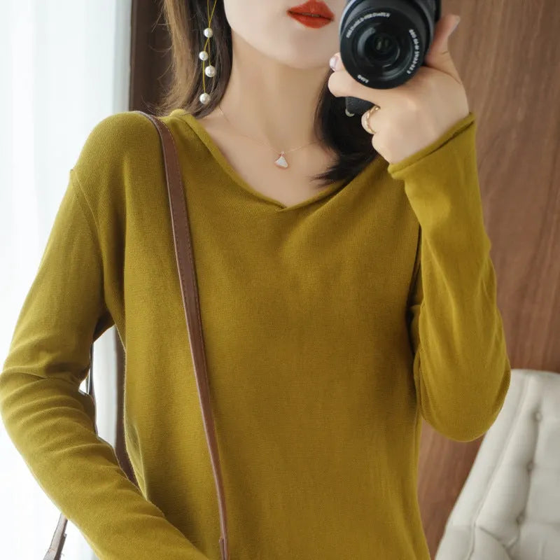 Women's V-neck long sleeve knitwear top in turmeric colour with non-ironing construction