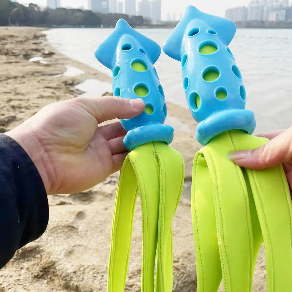 Blue squid-shaped dog chew toy with rubber tentacles and waterproof cloth elements measuring approximately 39cm