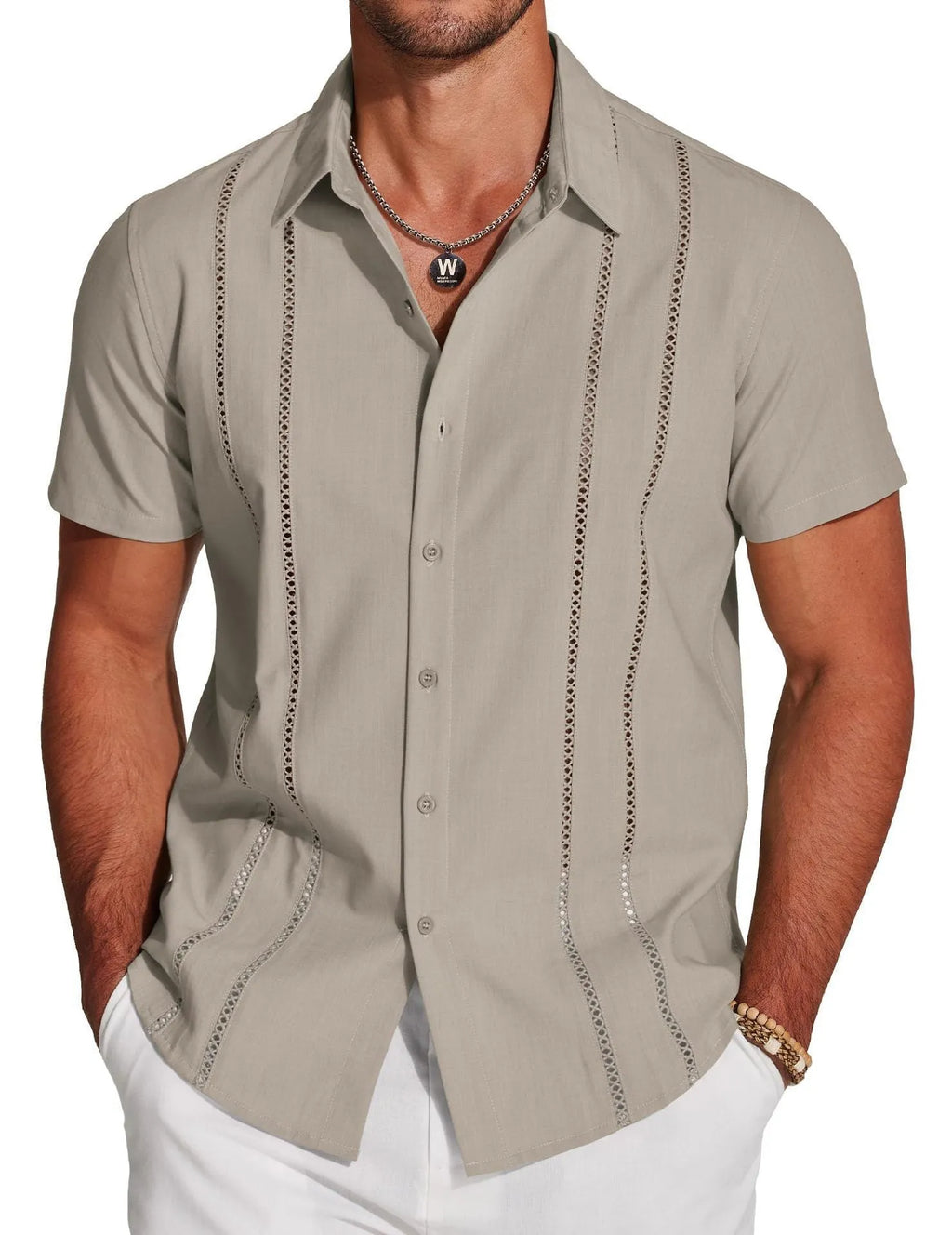 Men's slim-fit Hawaiian short sleeve shirt in digital print pattern on polyester fabric
