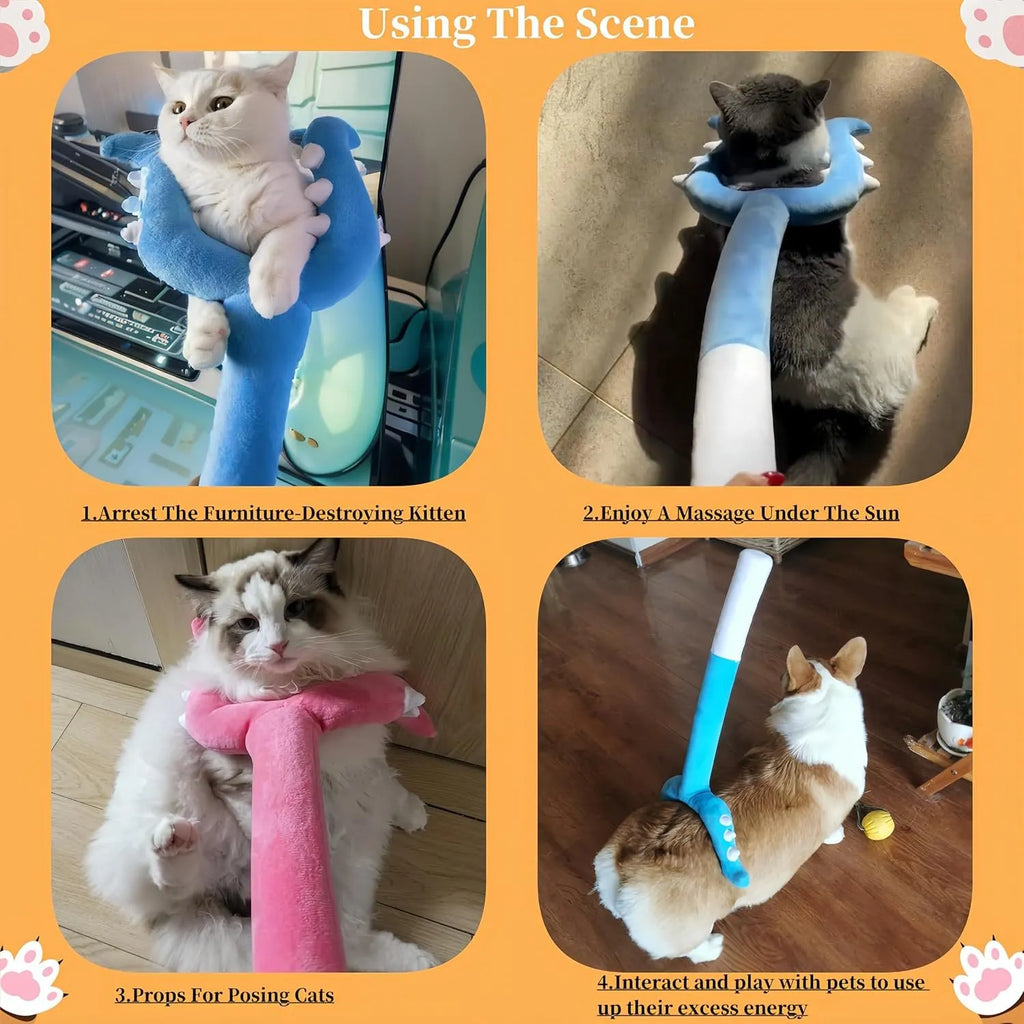 Blue plush cat wand toy with foam-filled head measuring 70cm length