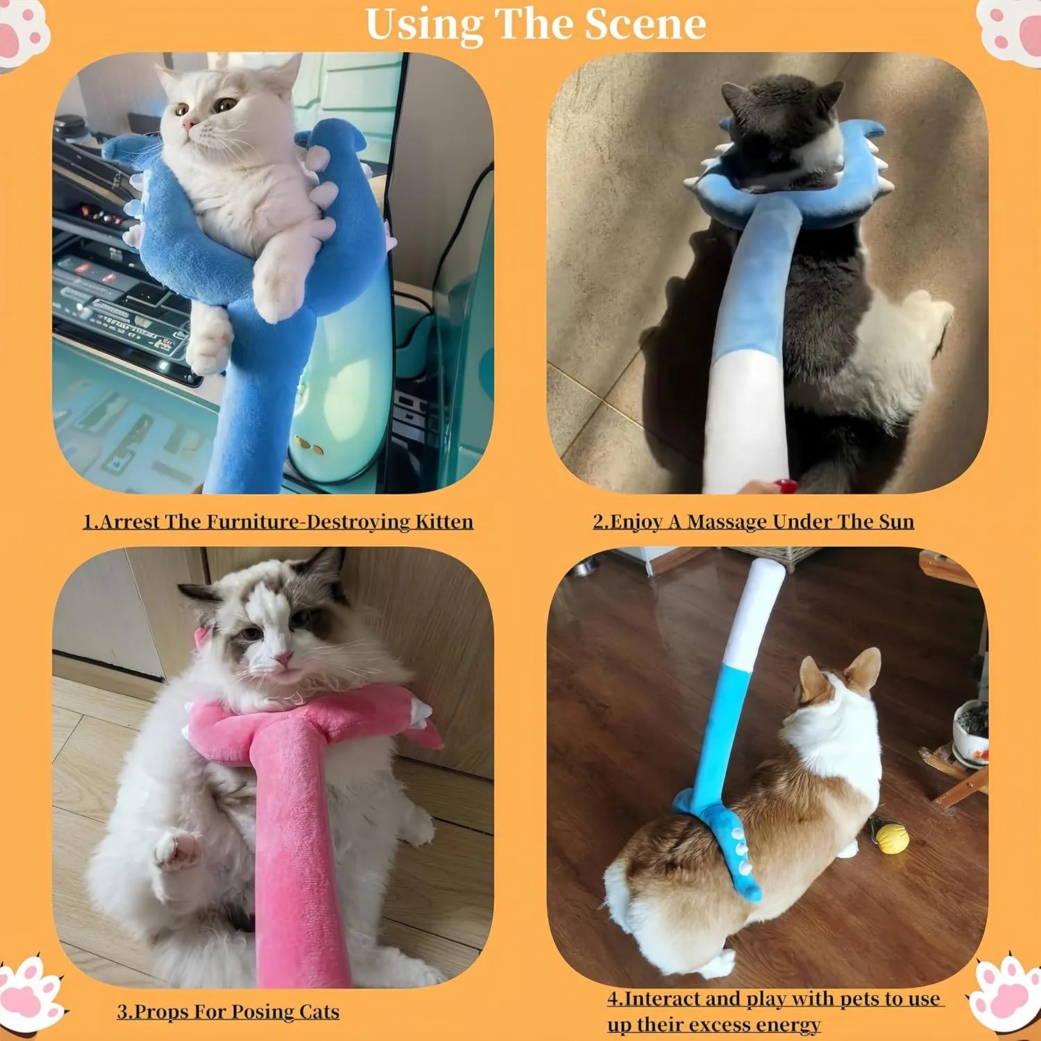 Blue plush cat wand toy with foam-filled head measuring 70cm length