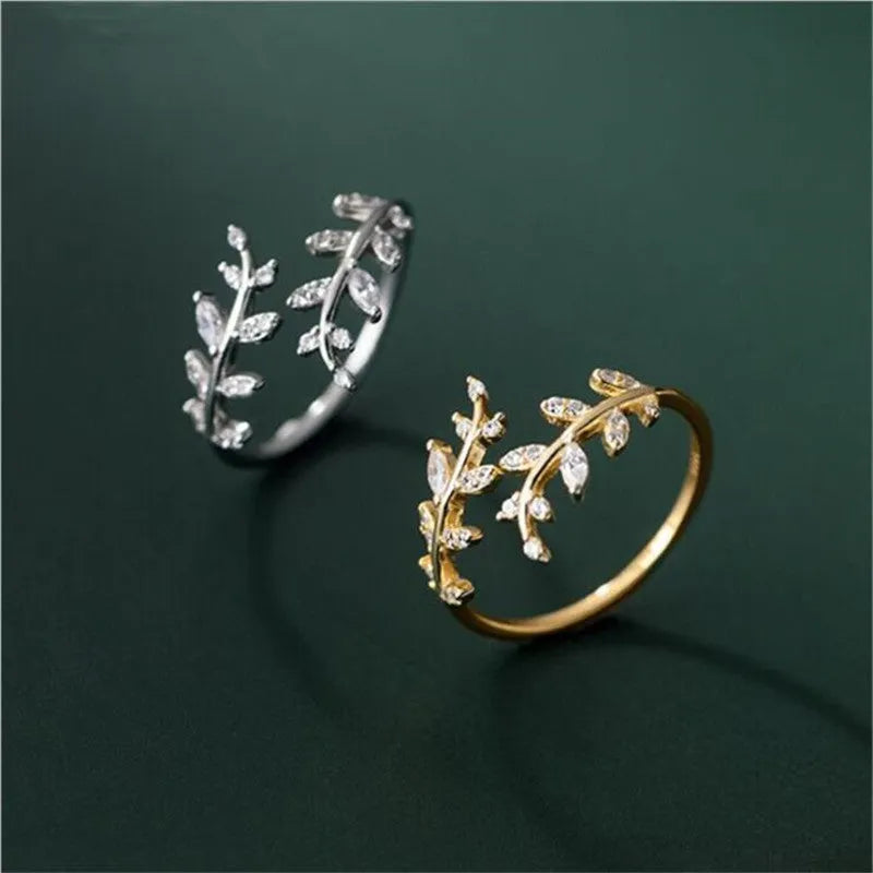 Copper branch leaf ring for women with electroplated silver or gold finish and geometric design elements
