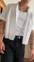 White men's short sleeve polyester shirt with plain design and cropped length