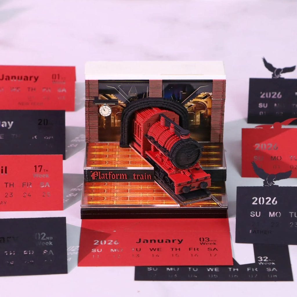 Magic Train 3D paper carving calendar ornament in cover colour Magic Train, paper brick shape, desktop display
