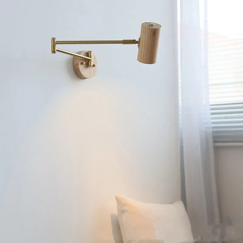 Retro industrial rotating wall lamp with long adjustable arm and integrated wall switch in walnut colour finish