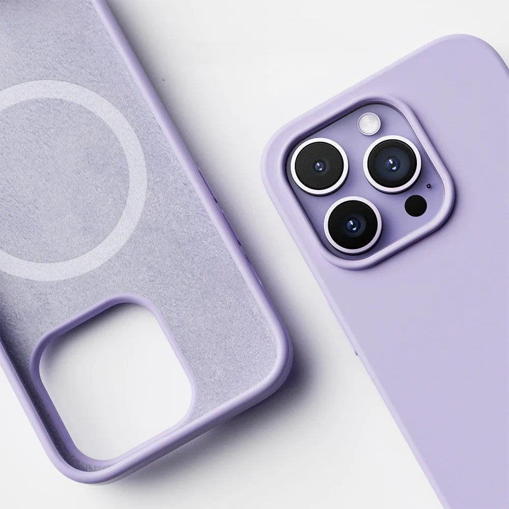 Liquid silicone magnetic phone case protector in black for iPhone 14 series with MagSafe ring