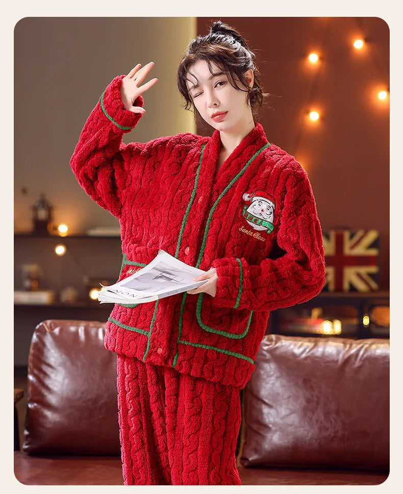Winter women's red flannel homewear leisure set with long-sleeved top and matching pants