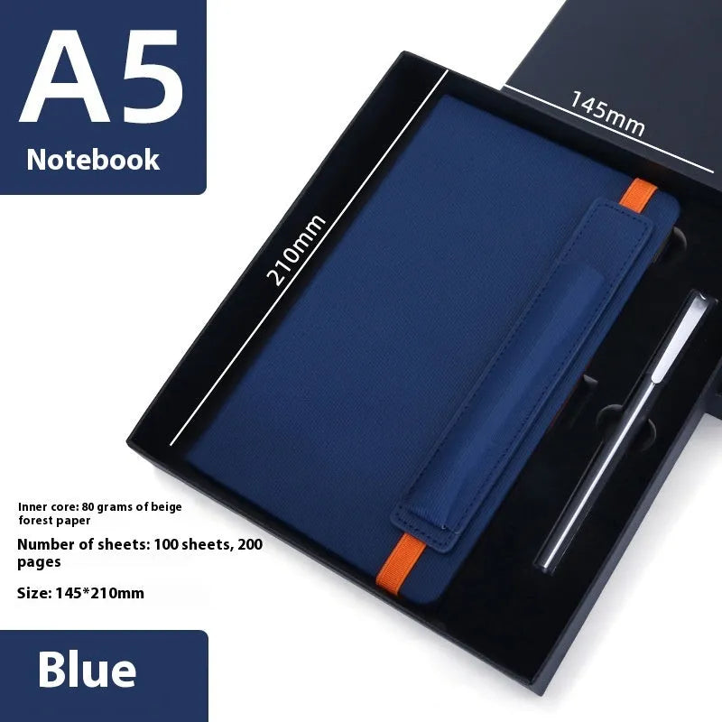 A5 faux leather notebook open with pen insert and strap, 200 pages, blue and black options