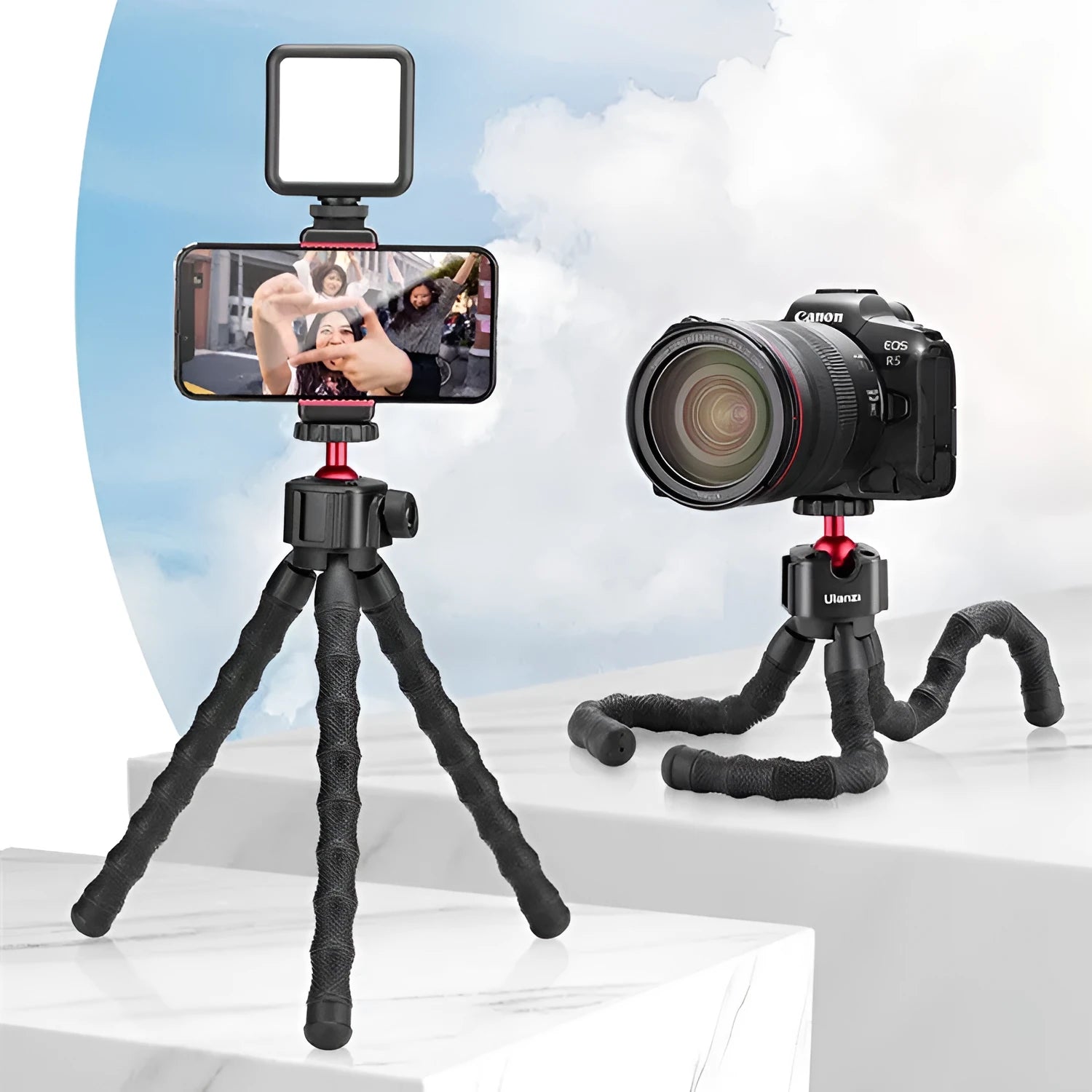 Silver aluminium tripod stand extended for camera or smartphone vlogging.