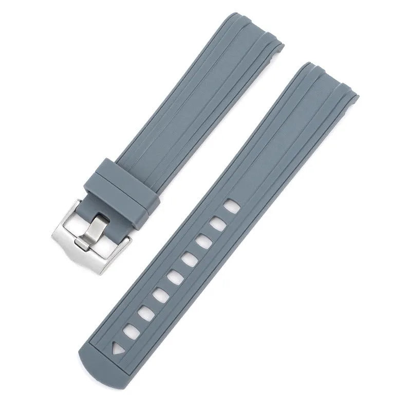 Apple Watch strap with silver buckle in 12 colour options including army green, sapphire blue, and dark red.
