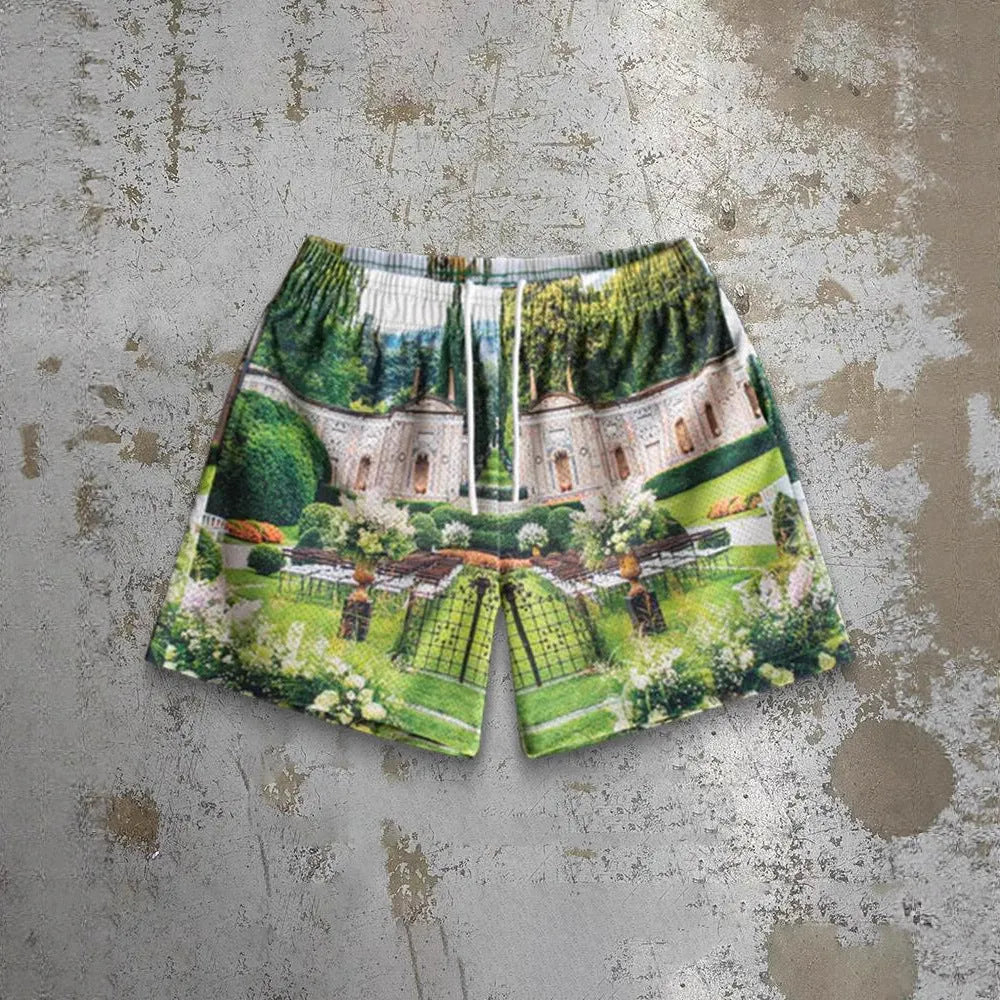 Men's quick-drying beach shorts in milk silk polyester with digital printing pattern and elastic waist