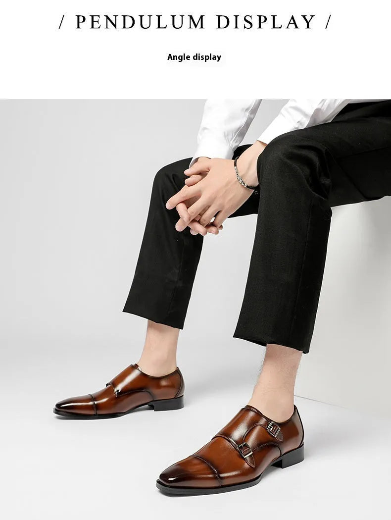 Men's black and light brown square toe leather business shoes with rubber soles