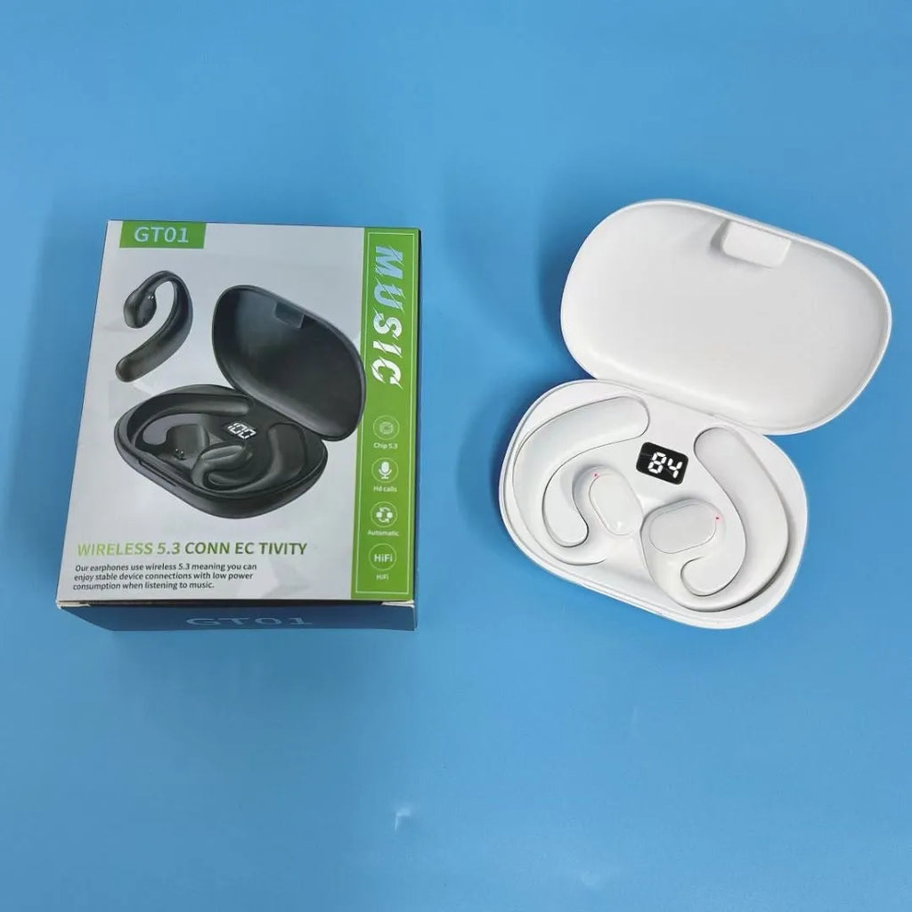 Black and white ear-mounted Bluetooth headset with digital display screen on the side.