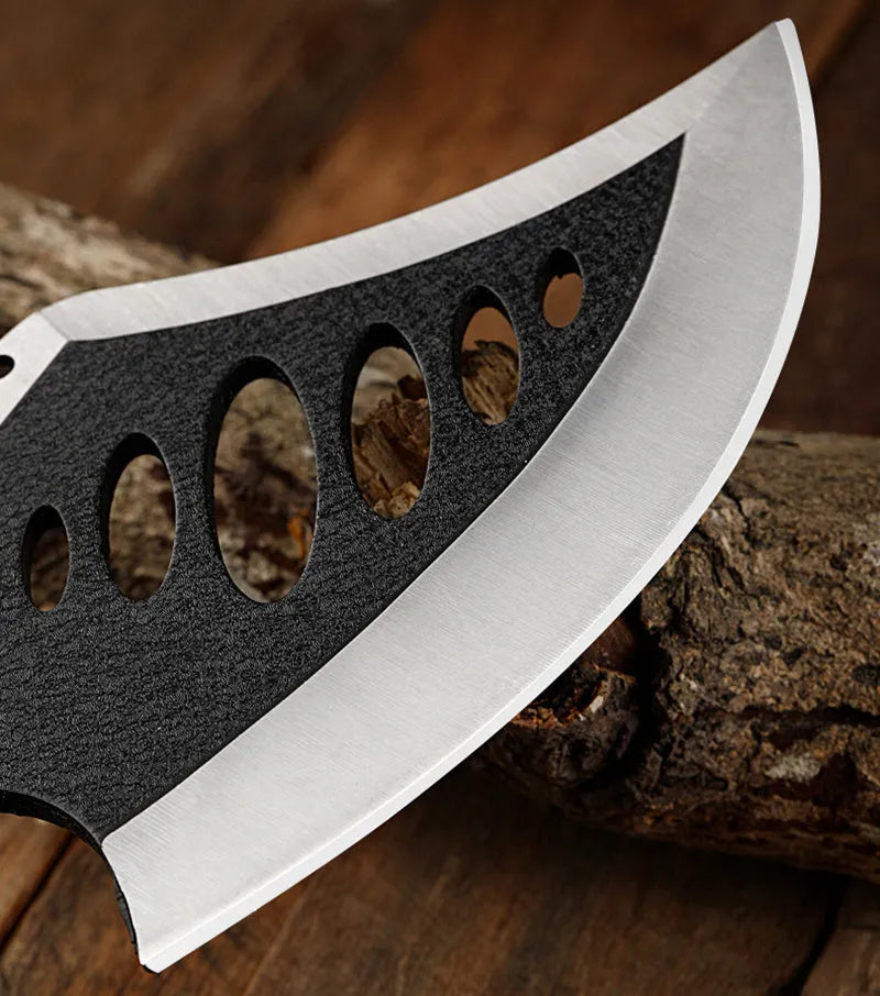 Multi purpose tactical axe with black high carbon steel blade and handle, 270mm total length, and woven umbrella rope handle guard