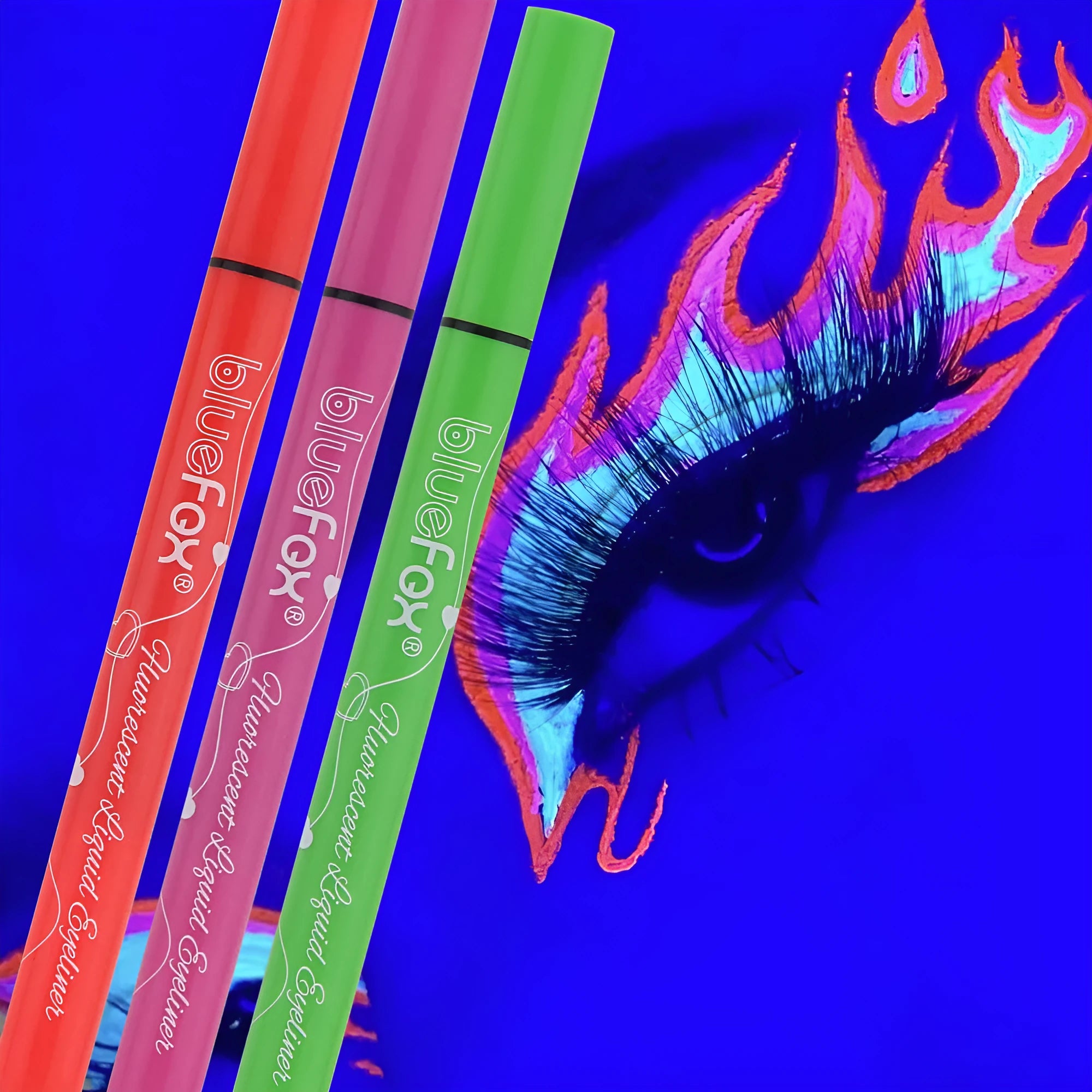 Set of six 1.5ml fluorescent liquid eyeliners in assorted colours including black, brown, purple, and watermelon red.