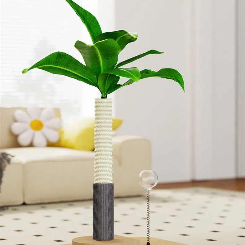 Tall, columnar cat scratching post with natural sisal rope wrapped around a wooden core, standing on a floor.