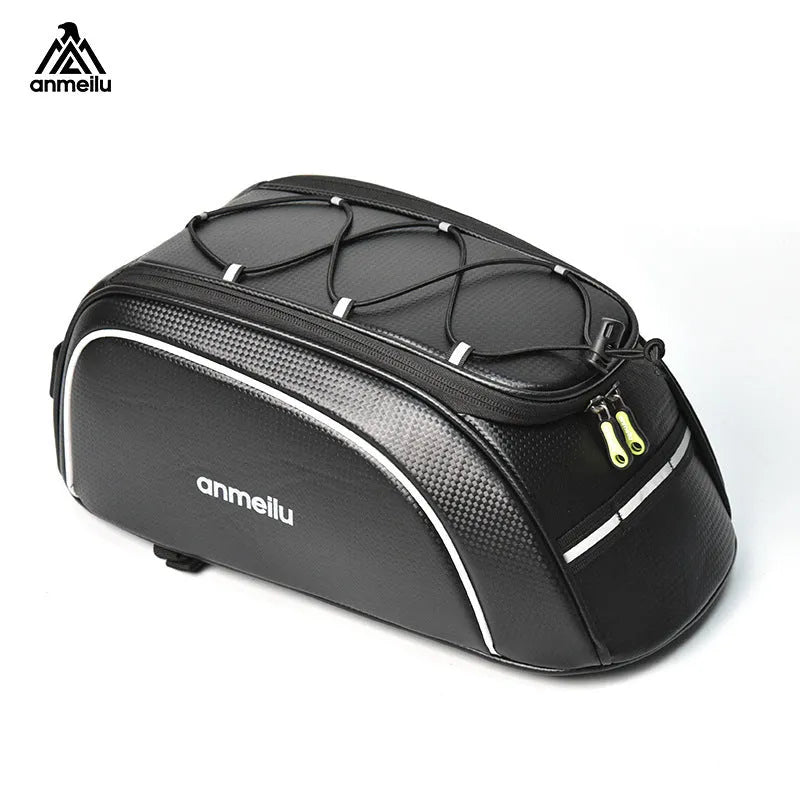 Waterproof black bicycle rack bag mounted on rear bicycle rack showing 8-litre capacity dimensions