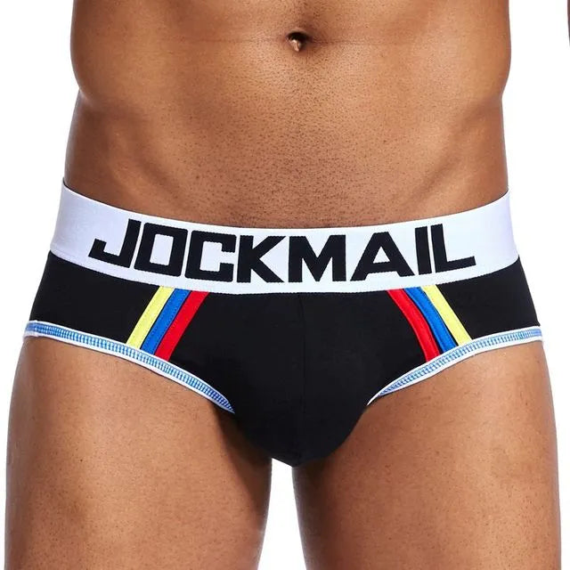 Men's modal high waist U convex big pouch briefs in black, front view