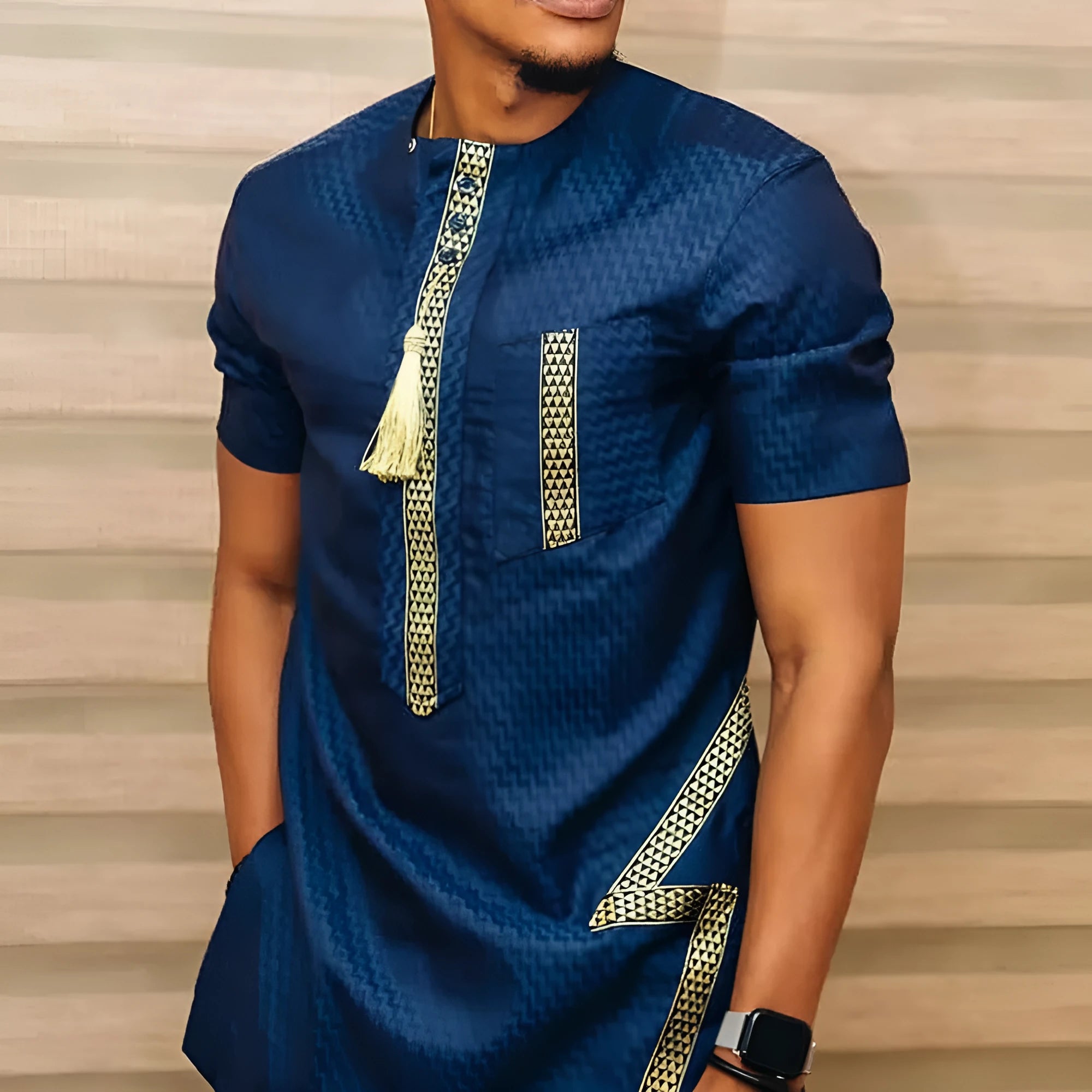 Blue ethnic style loose linen shirt with stand-up collar on mannequin, front view