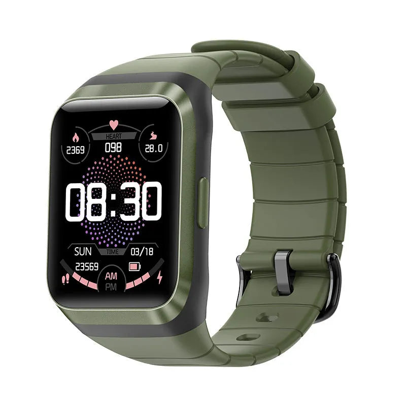 Smart outdoor watch with 1.69-inch IPS screen and silicone wristband in black, showing fitness tracking interface