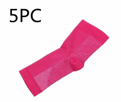 Nylon anti fatigue compression foot sleeve ankle support with straps and heel hole, in black, white or red.