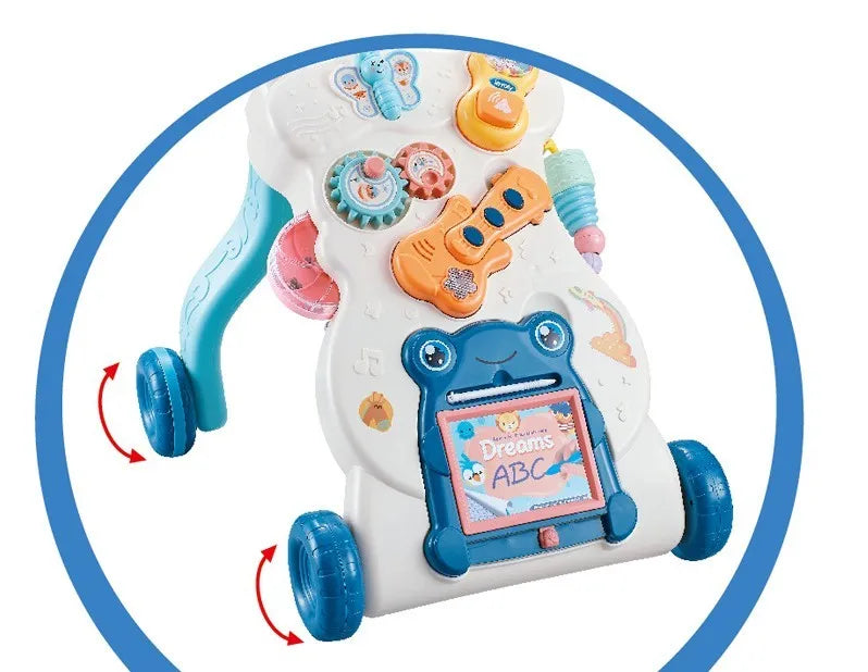 Multi-functional musical walker trolley with anti-rollover design and water tank for baby walking practice
