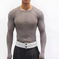 Black mesh see-through texture slim-fit long sleeve PU pullover top with round collar.