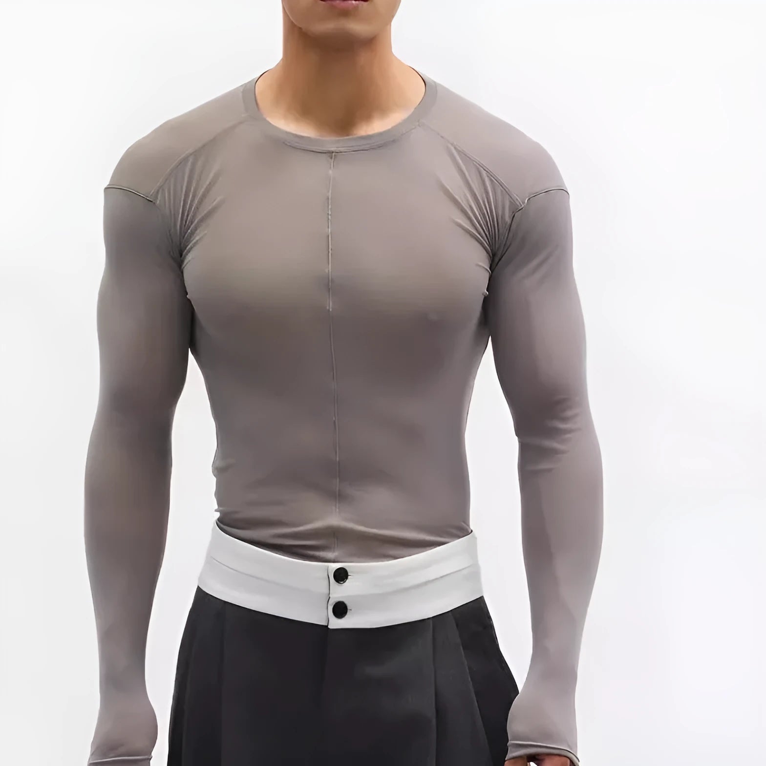 Black mesh see-through texture slim-fit long sleeve PU pullover top with round collar.